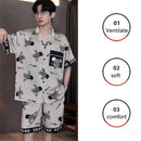 2PCS/Set Plus Size Men Pajamas Short-Sleeved Shorts Casual Buttons Student Teenage Homewear Letters Three-Dimensional Bear Cardi