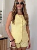 HH Summer Women Solid Square Collar Single Breasted Vest-style Sleeveless Top+High Waist Zipper Side Pocket Mini Shorts Suit