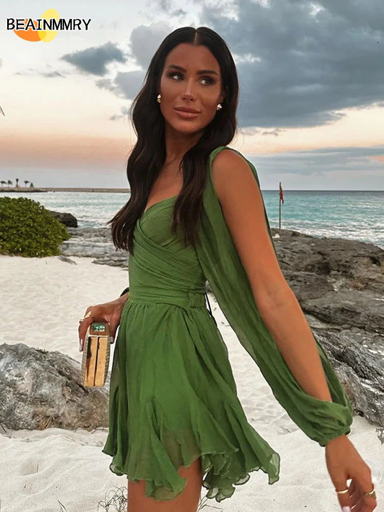 Sexy Chiffon Green Ruffles Split Dress V-neck Long Sleeve A Line Mini Dress 2025 Fashion Female Holiday Beach Vacation Vestidos
