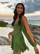 Sexy Chiffon Green Ruffles Split Dress V-neck Long Sleeve A Line Mini Dress 2025 Fashion Female Holiday Beach Vacation Vestidos