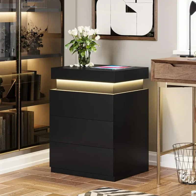 Nightstand with Charging Station and LED Lights, Nightstand with Sliding Top, Bedside Tables with Drawers, Modern End Side Table