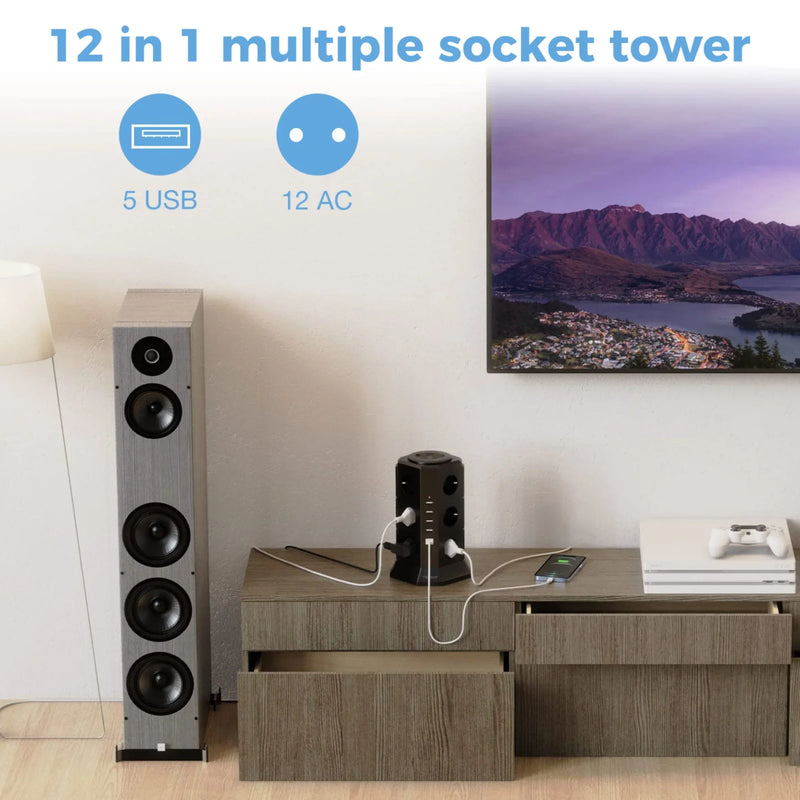 TESSAN Power Strip Vertical Tower Socket 12 Outlets 5 USB Ports EU Plug Multiple Socket with 2M Extension Cord Surge Protection