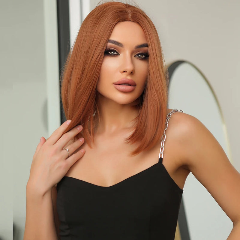 Short Synthetic Wigs Straight Bob Cut Middle Part Blunt Wig Ginger Orange Copper Fiber Hair for Black White Women Heat Resistant