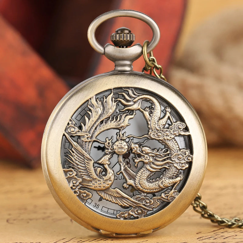 Retro Half Hunter Hollow Dragon & Phoenix Design Pendant Men Women Pocket Watch Chain Fashion Cool Clock Children Gift reloj