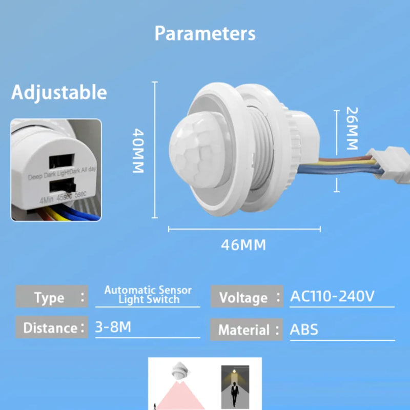 Muunnn AC85V-265V LED PIR Adjustable Delay Embedded Human Body Infrared Detector Infrared Motion Sensor Detector Switc