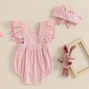 Baby Girls Rompers Easter Clothes Rabbit Embroidery Fly Sleeve Infant Bodysuits Jumpsuits with Headband