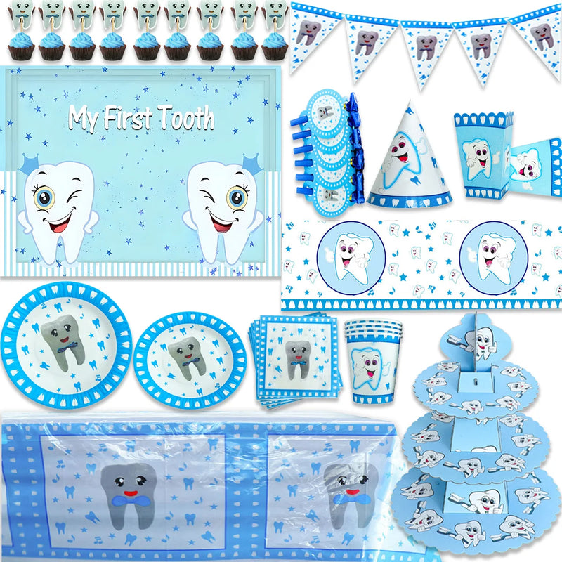 My First Tooth Blue Theme Party Disposable Tableware Stes Boy Girl First Tooth Birthday Party Decor Cups Plates  Napkins Banners