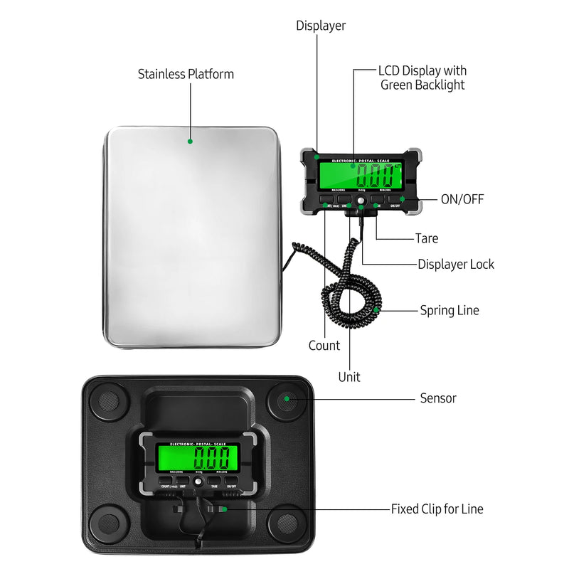 PS21 Digital Scale 200KG 120KG Electronic Postal Scale Stainless Steel Floor Scale LCD Backlight Display Portable Shipping Scale