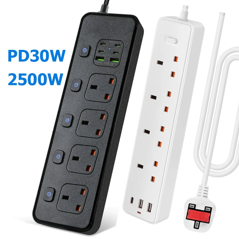 Power Strip Electric Socket UK MY SG with 3USB TypeC PD30W 13A 2500W Overload Protection Extension Cable 1.2m Electrical Sockets