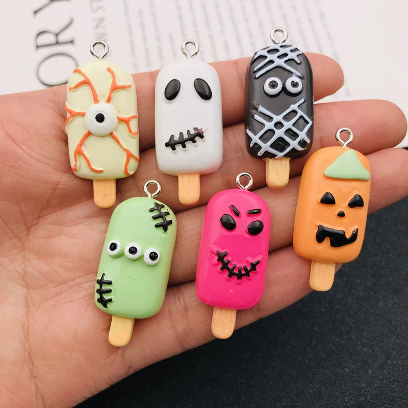 10pcs Resin Flatback Halloween Popsicle Charm Ice Cream Pendant for Keychain Earring, Scrapbooking, Jewelry DIY Making, Necklace