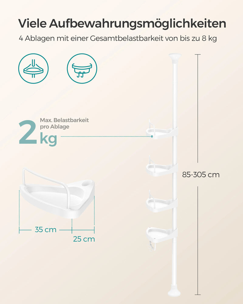 85-305 cm height adjustable shower rack with 4 trays bathroom shelf, shower corner no drilling necessary, white/black