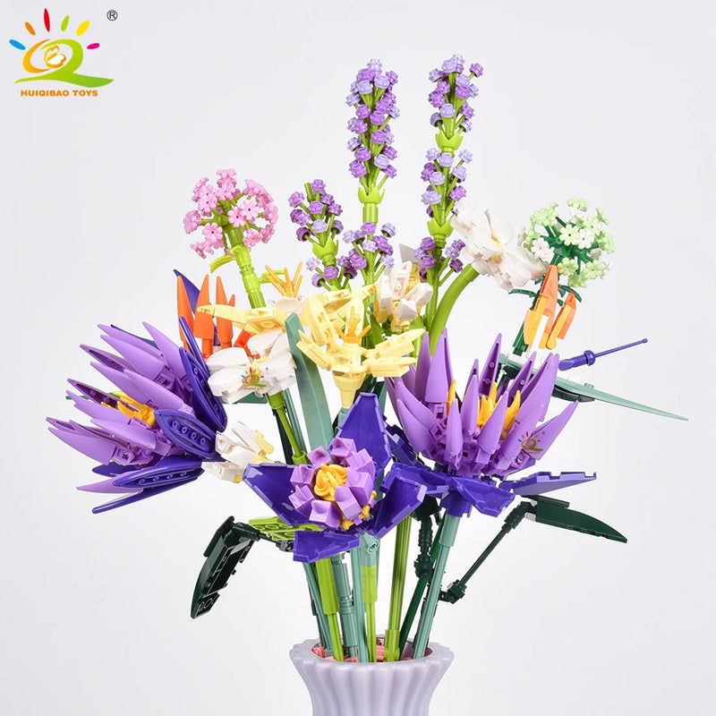 HUIQIBAO MOC Flower Model Building Blocks 3D Bouquet Plants Sunflower Rose Bricks Kits Children DIY Educational Toys Home Decor