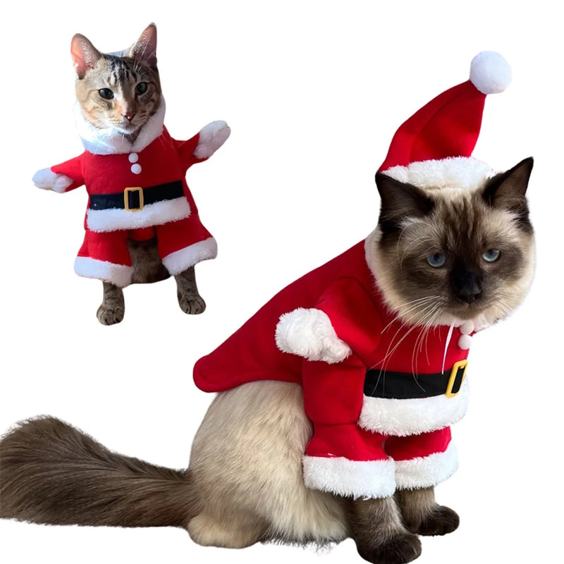 Cat Christmas Costume Clothes Winter Hooded Jacket Puppy Coat Santa Outfits Pet Kitty Xmas New Year Dressing Up Party Gift