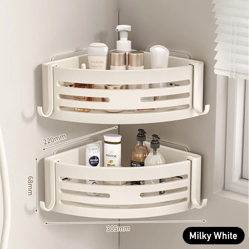 White Bathroom Shelves with Towel Bar and Hooks Shampoo Mackeup Storage Organizer Self Adhesive Wall Mounted Shower Corner Rack