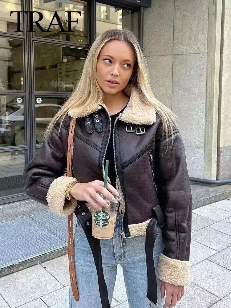 TRAFZA Winter Women's Belted Short Jacket Windbreaker Coat Fashion Retro Warm Thickened Long Sleeve Zipper Mujer Roupa Street