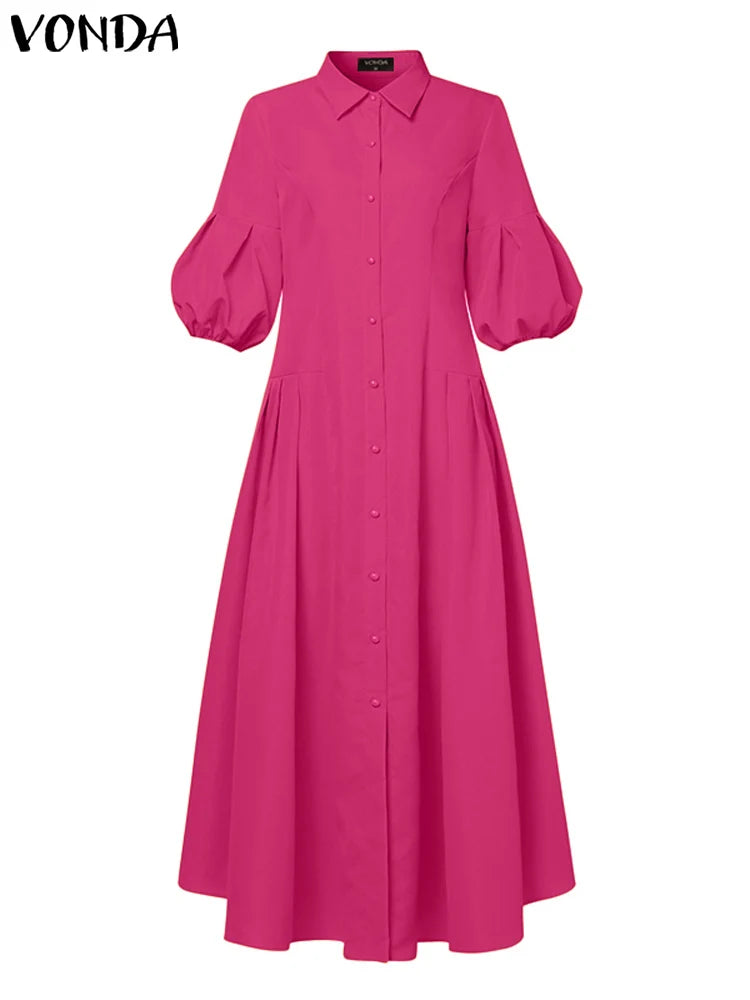 Plus Size 5XL VONDA 2024 Elegant Party Maxi Dress Fashion Women Lantern Sleeve Buttons Big Swing Sundress Casual Solid Robe