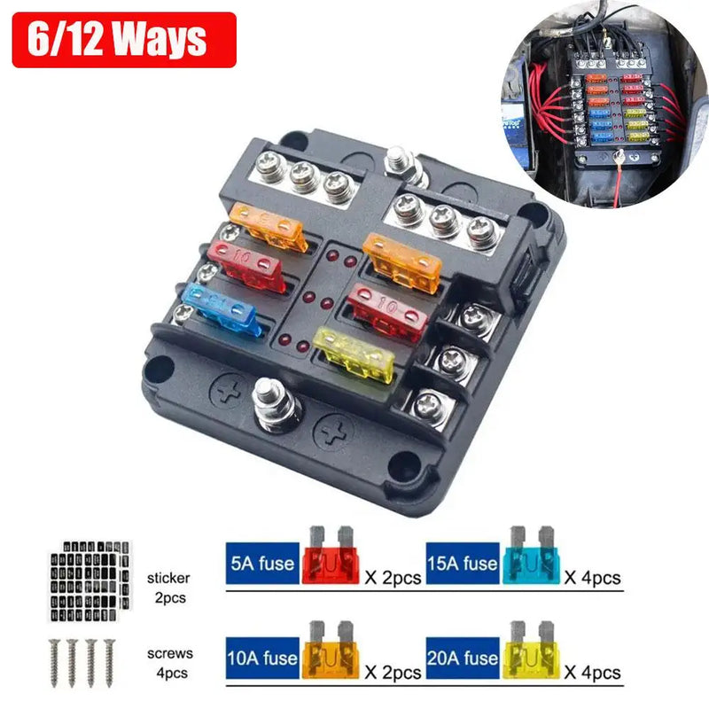 Car Boat Fuse Box Holder With 6 Ways 12 Ways Fuse Holder Block & Warning Indicator 12V 36V Power Distribution Panel Board