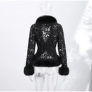 Sexy Lace Patchwork Women's Fur Coat V-Neck Full Sleeve Waist-Closed Lady Coats 2026 Autumn Winter Chic Female Streetwear