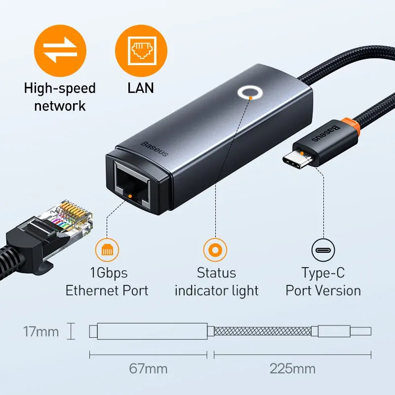 Baseus USB C to Ethernet Adapter Aluminum Gigabit USB C Adapter for Laptop MacBook Pro 1000/100Mbps USB Lan RJ45 Network Card