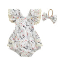 Toddler Girls Floral Bunny Print Lace Trim Flutter Sleeve Romper with Bow Headband Easter Outfit Set 2 Pieces