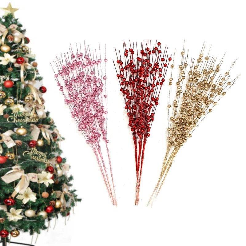 12pc Christmas Tree Decoration Artificial Glitter Berry Stem Ornaments Glitter Branch Home Holiday Wedding Party Supplies