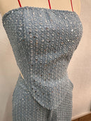 Fashion Sequins Denim Set Women Strapless Tunic Waist Crop Top and Wide Leg Pant Suit 2024 New 2 Piece Sets Outfits Tracksuit