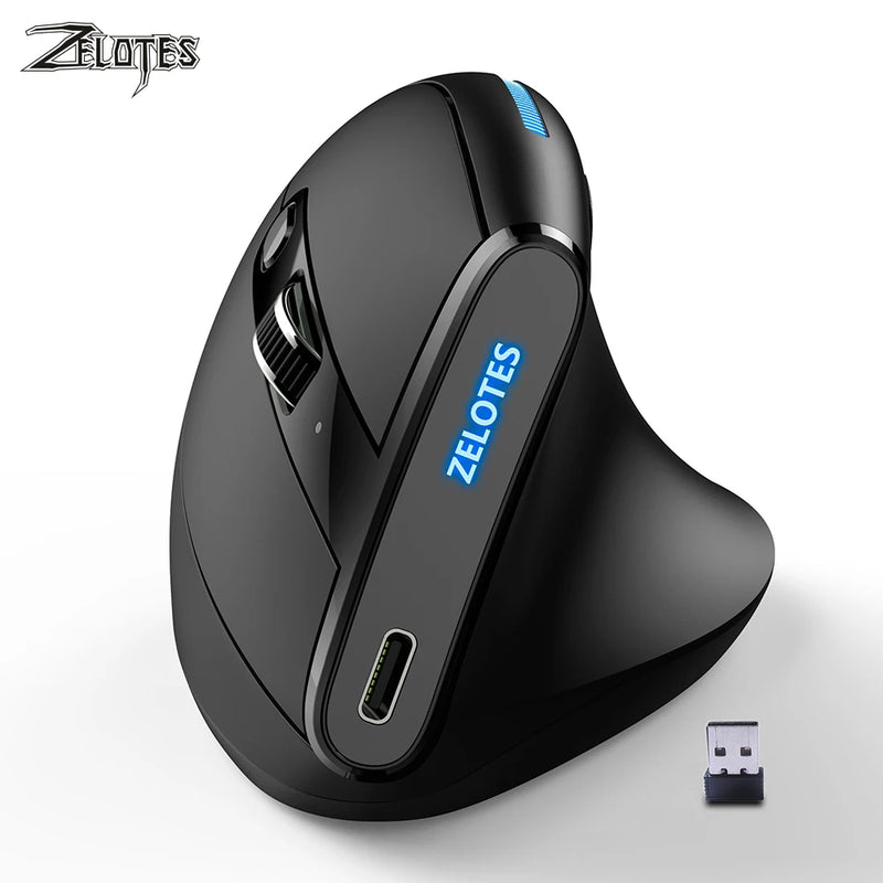 ZELOTES F-36A Ergonomic Vertical Mouse 6 Buttons Wireless Rechargeable Mice 2400 DPI Adjustable Computer PC Gaming Mouse