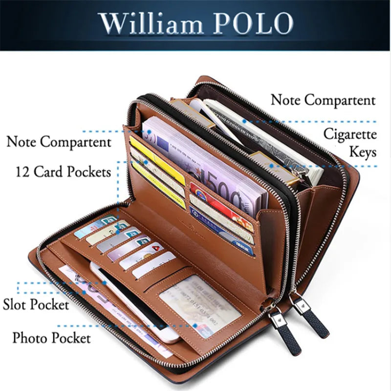 WILLIAMPOLO Men's Wallet Business Large Capacity Clutch Bag Genuine Leather Clutch Wallet Double Zipper Handbag Long Men Wallet