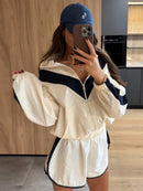 Casual Paneled Contrast Women's Pants Sets Stand Collar Zipper Cropped Jackets Elastic Wide Leg Pant 2026 Autumn Lady Tracksuits