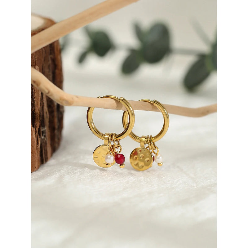 YACHAN 18K Gold Plated Stainless Steel Hoop Earrings for Women Metal Irregular Texture Natural Stone Charms Trendy Jewelry