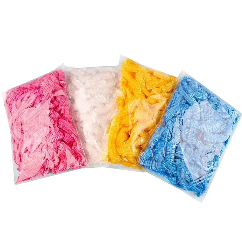 100pcs Disposable Plastic Shower Hair Cap Colorful Disposable Food Cover Fresh-keeping Bag Hotel Hair Dye Elastic Shower Cap