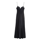 HH 2025 Women Red V-Neck Holiday Style Satin Texture Long Dress Sleeveless Summer Women's Back Zipper Fashion Sling Dresses