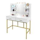 WOLTU White Gold Vanity Desk with Mirror LED Lighting 2 Drawers Modern Dresser Dressing Table Makeup Table for Bedroom Home