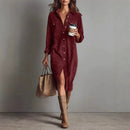 Retro Chic Women Midi Dress Corduroy Fabric Lapel Collar Popular Button Front Loose Fit Long Sleeve Comfy Casual Daily Outfit