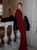 2026 Women's Elegant Shiny Red Sleeveless Long Dress Sexy Slim Bodycon Sequin Maxi Gown for Party Fashion Solid Color Robe