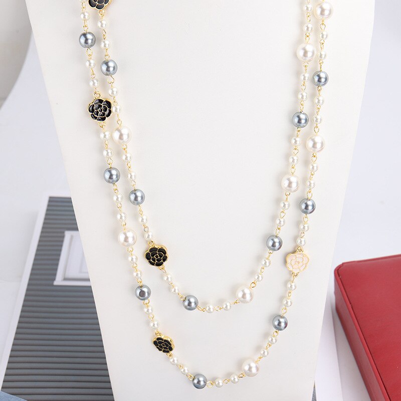 Luxury Camellia Multilayer Long Pearl Necklace Brand Design Rose Flower Sweater Chain Necklace for Woman