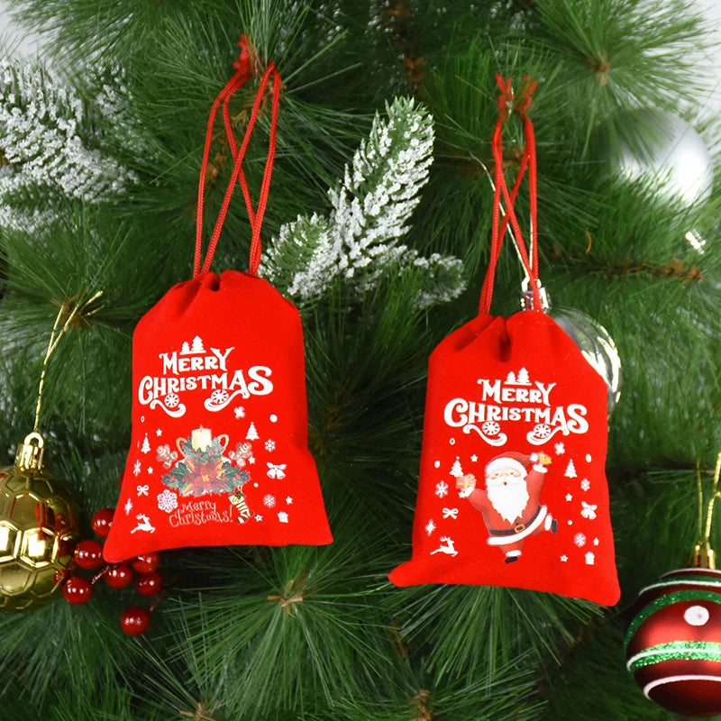 5pcs Red Christmas Velvet Bags Advent Calendar Drawstring Pouch Candy Snack Gift Bag Xmas Jewelry Packing Storage Bags New Year