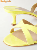 Sweet Cross-tied Slippers Solid Round Toe Shallow Stilettos Mules Fashion Casual Pull-on Outside Dress Shoes 2025 New Summer