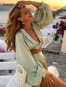 Kesiachiccly Satin Two Piece Set Women Crop top Autumn Long Sleeve Crop Top High Split Long Skirts 2 Piece Set Beach Clothes