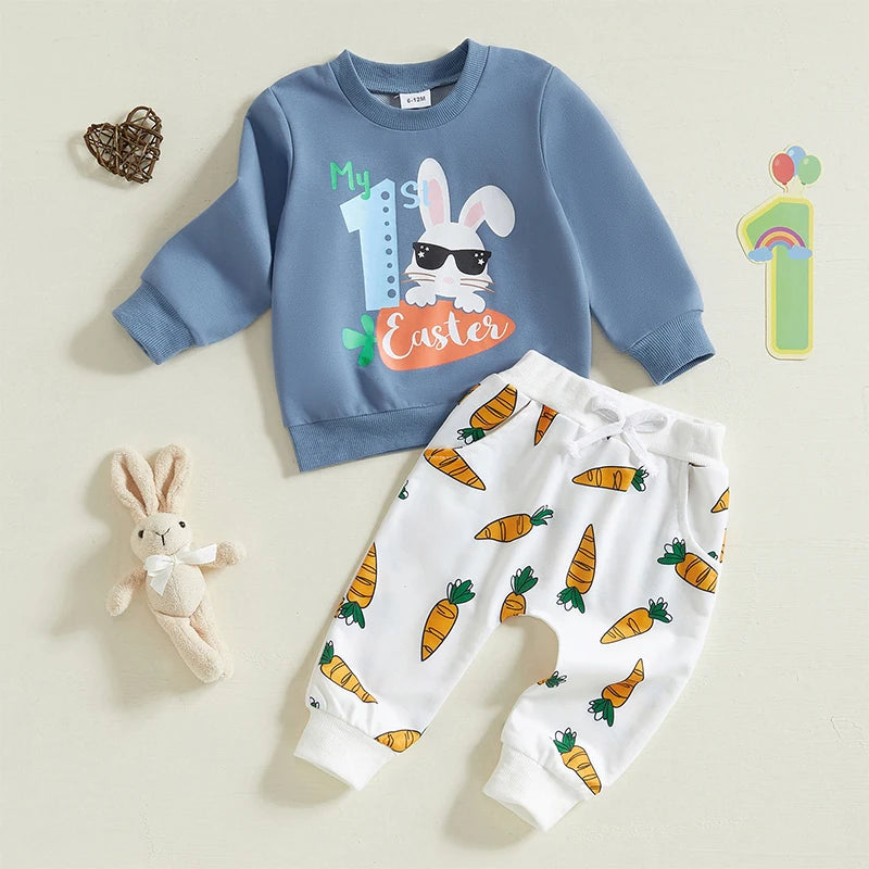Adorable Toddler Boys Easter Outfits with Bunny Print Long Sleeve Sweatshirts and Carrot Patterned Long Pants - 2 Piece