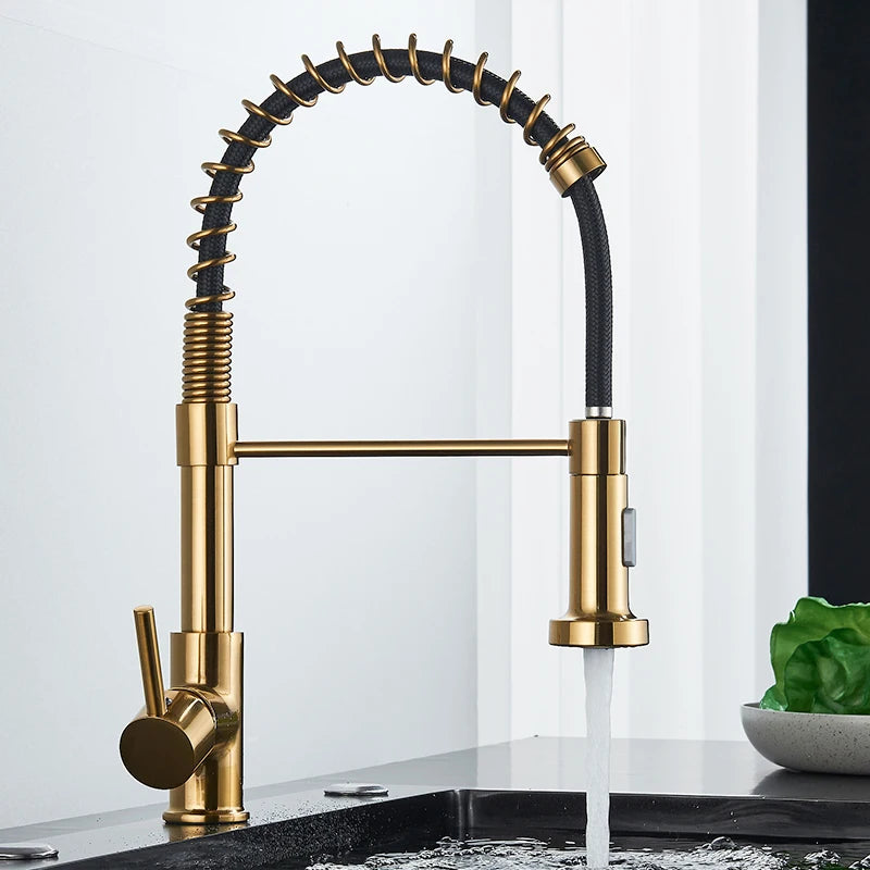 Quyanre Brushed Gold Kitchen Faucet Pull Down Kitchen Faucet Single Handle Mixer Tap 360 Rotation Torneira Cozinha Mixer Tap