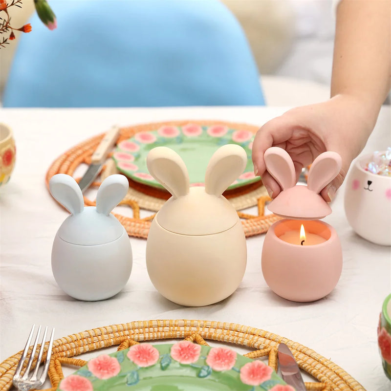 Nicole Candle Jar Silicone Molds for Concrete DIY Hoppy Bunny - Eared Easter Egg Storage Vessel Cement Mould Easter Gift Tools