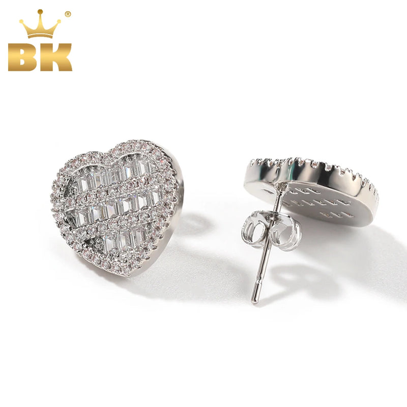 THE BLING KING New Heart Shaped Screw Back Stud Earring Iced Out Baguettecz Cubic Zirconia Men Women Hiphop Jewelry Best Gift