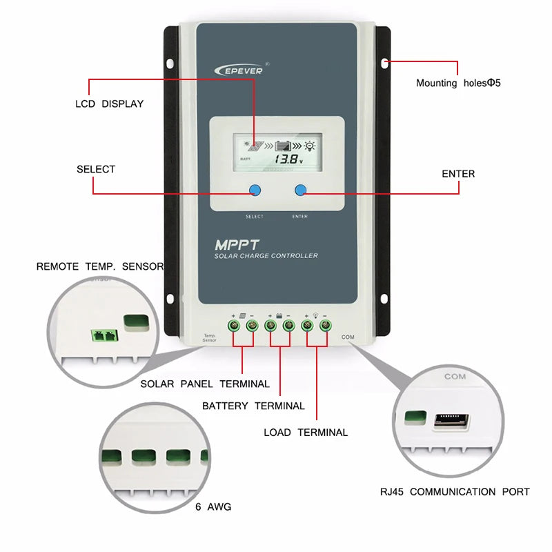 EPEVER Tracer MPPT Solar Charge Controller 40A 30A 20A 10A With LCD Display Solar Regulator 12V 24V Battery Auto High Efficiency