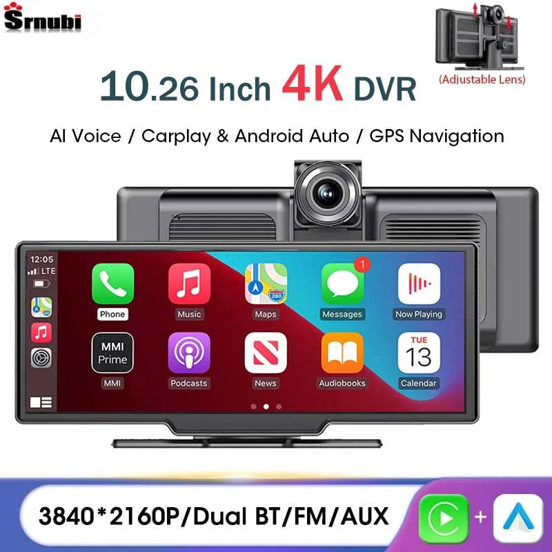 Universal 10.26 Inch 4K Dashcam Car DVR Video Player Wireless Carplay&Android Auto Car Monitor Multimedia GPS FM Rearview Camera