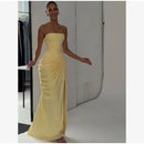 Butter Yellow Mesh Splicing Long Dress Elegant Strapless Split Backless Pleated Gowns For Women 2026 Lady Evening Party Gowns