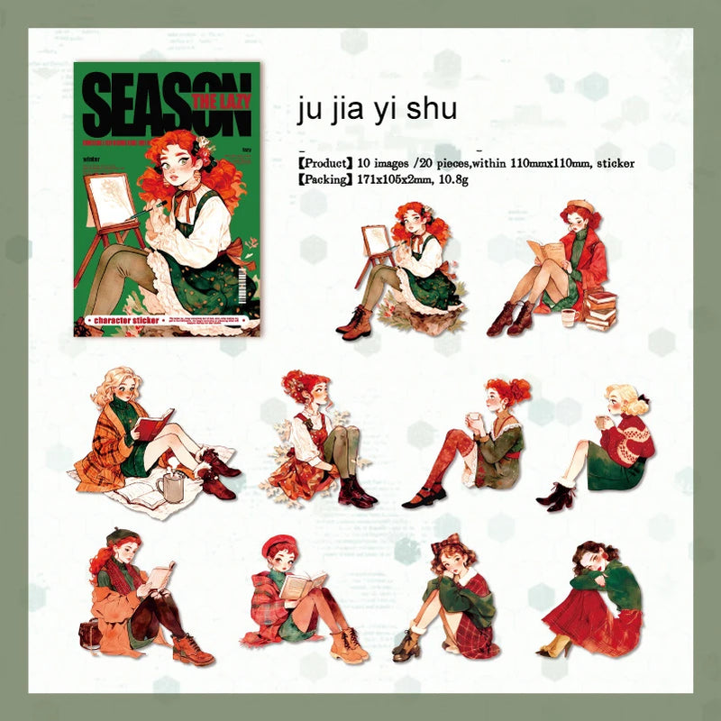 JIANWU Lazy Season Series Kawaii Girl Character Landscaping Sticker Creative DIY Journal Material Collage Stationery