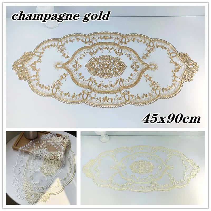 Luxury European Oval Lace Embroidered 4 Colors Tablecloth Table Mat Set Hotel Banquet Villa Party Furniture Christmas Decoration