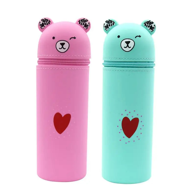 Cute Silicone Pencil Case Portable Cartoon Bear Stationery Storage Bag Pen Holder Container Large Capacity Desk Organizer