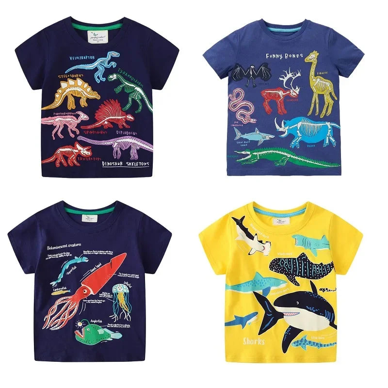 Kids Luminous Cartoon Shark Dinosaur T-shirt 100% Cotton Baby Boys Tees 2-7 Years Summer New Short Sleeve Tops